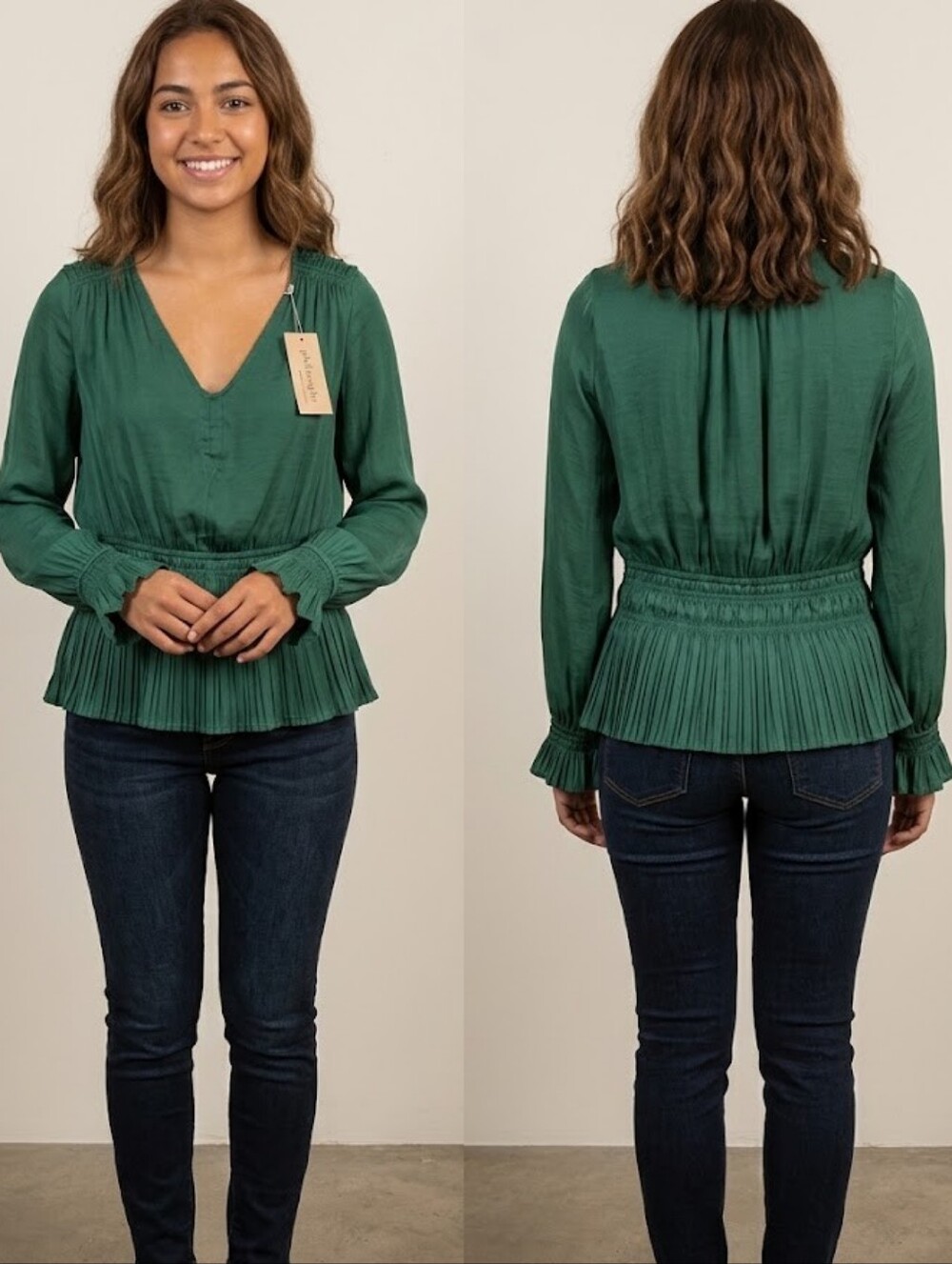 Philosophy Republic Clothing Emerald Green Pleated Smocked Peplum Blouse